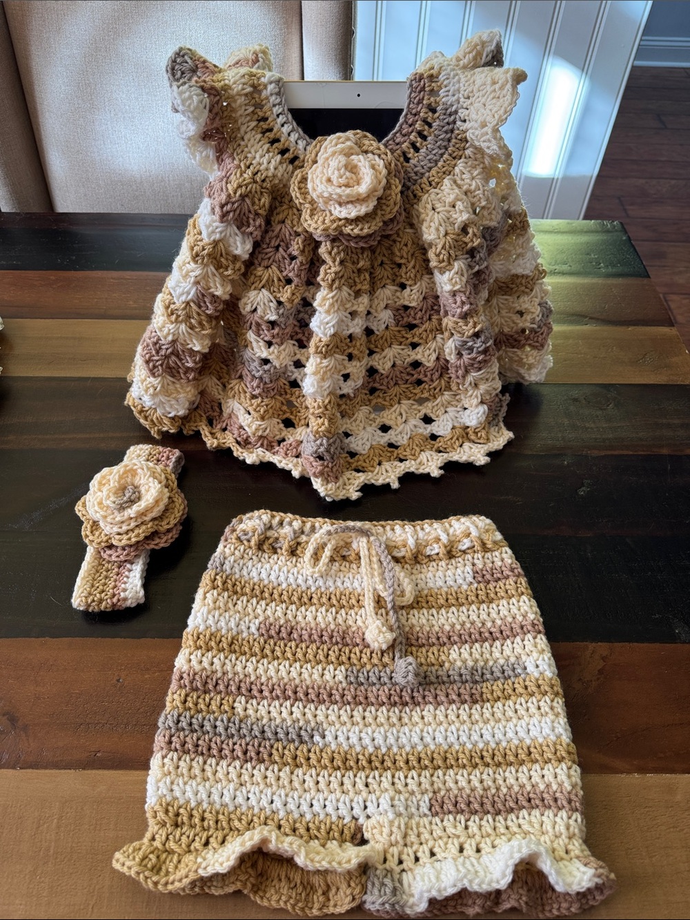 Handmade Kids Crochet Dress & shorts Set in Cream and Tan
